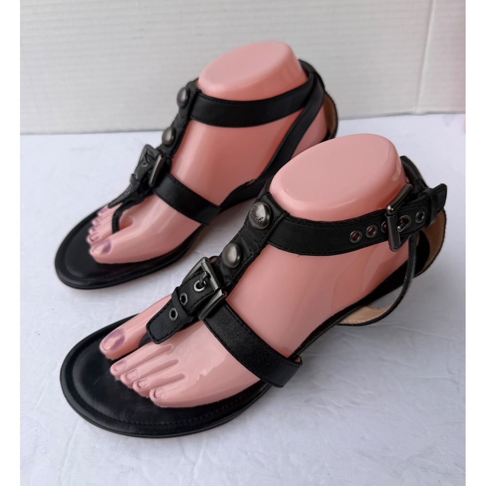 Coach Black Leather Bronze Buckle Grommet T-Strap Thong Low Wedge Sandals Sz 8.5